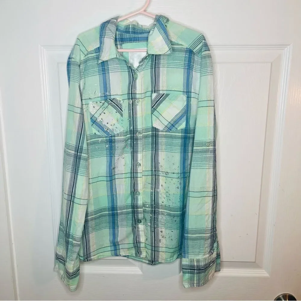 Justice Paint Splatter Silver Thread Plaid Button Down Shirt Green Blue 12